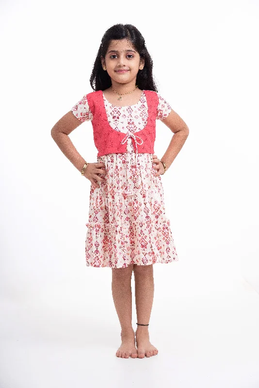 Red and Cream Geometric Print Dress with Embroidered Bodice for Girls