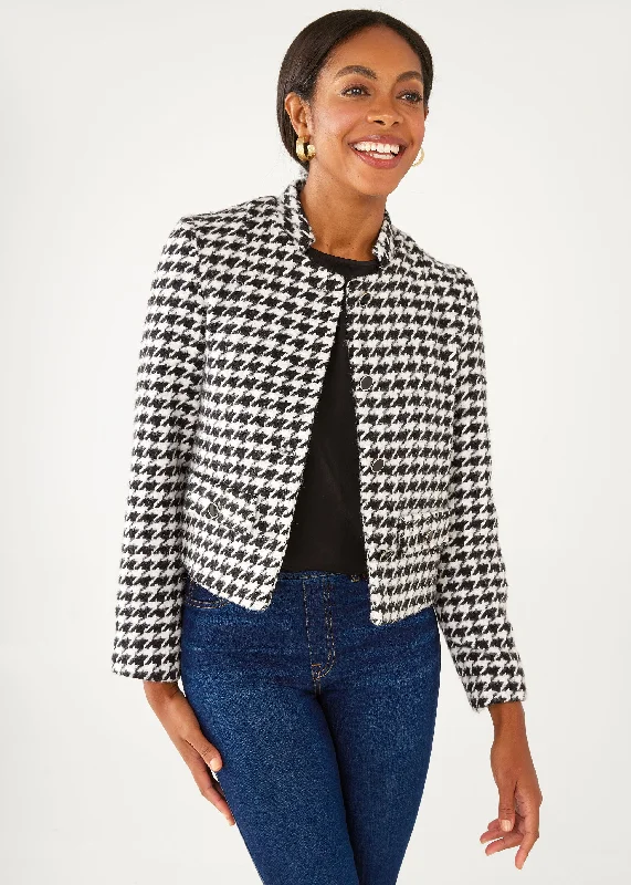 Onassis Jacket Black and White Houndstooth Welt Pockets Slit Pockets Flap Pockets