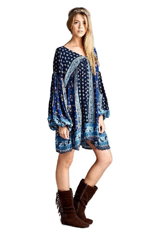 Patch Print Baby Doll Dress, Blue