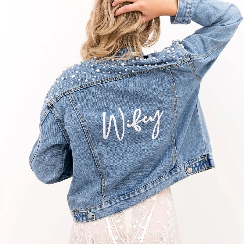 Pearl and Rhinestone Denim Jacket Notch Collar Peter Pan Collar Cowl Neck