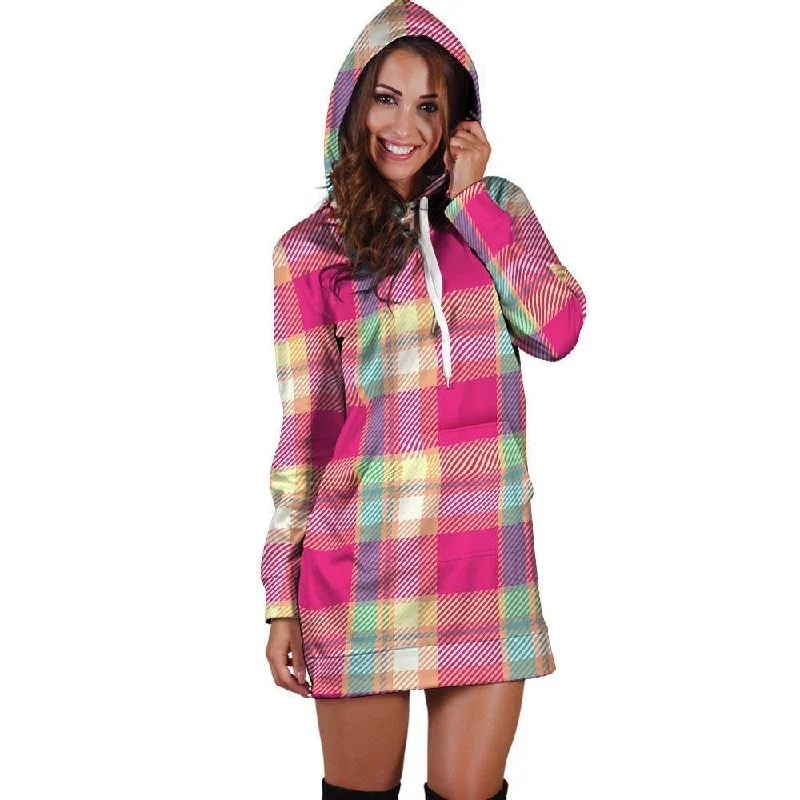 Pink Plaid Tartan Print Hoodie Dress