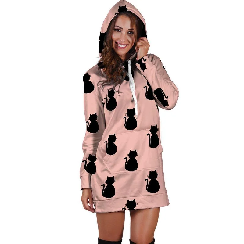 Pink Silhouette Cat Print Hoodie Dress