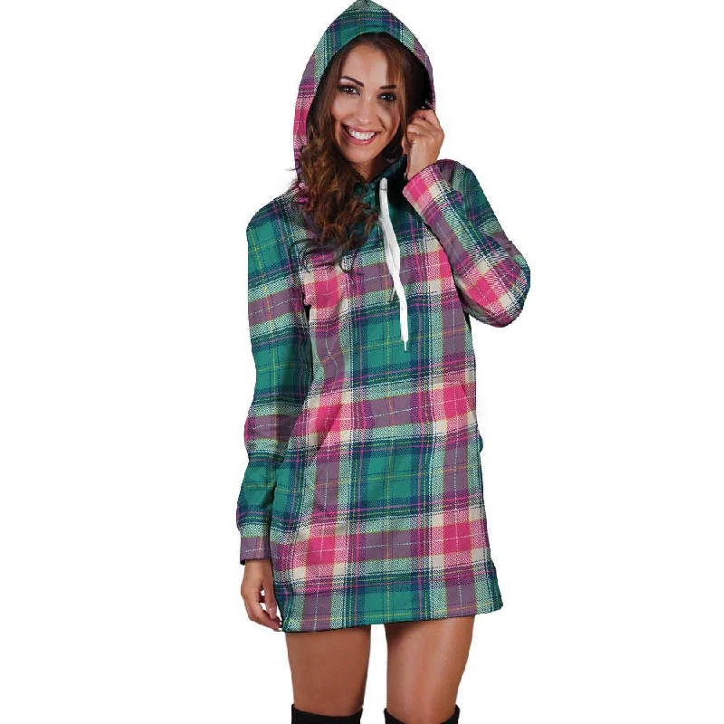 Pink Teal Plaid Tartan Hoodie Dress