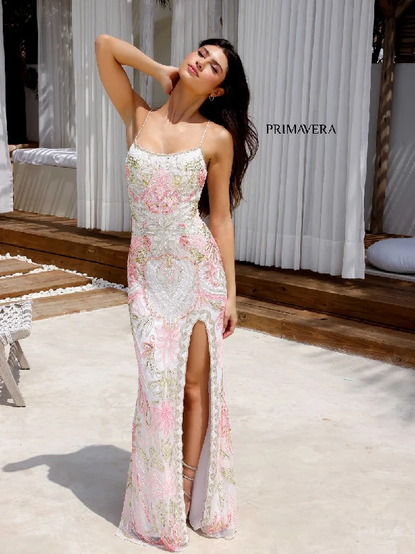 Primavera Couture 4156 Size 10 Ivory Coral Long Prom Dress Scoop Neck Fitted Sequin Lace Up Back High Slit Formal Pageant Gown