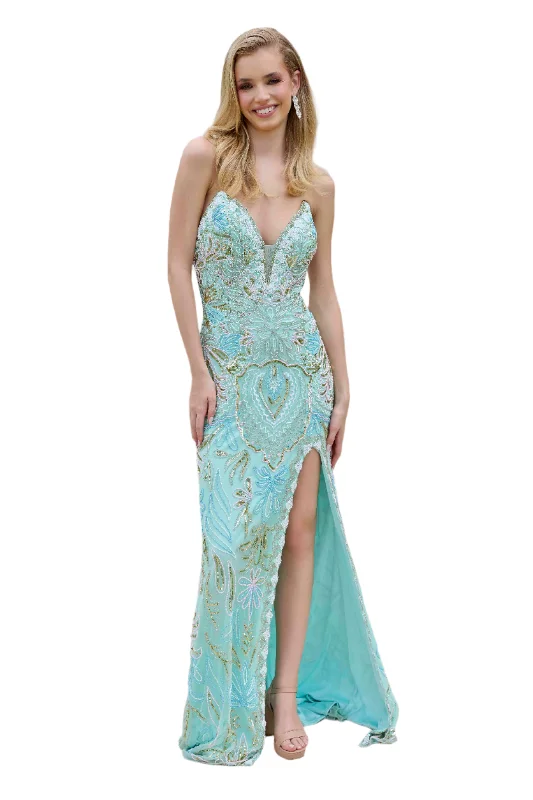 Primavera Couture 4382 Size 4, 10 Mint Long Beaded  Prom Dress Strapless Corset Slit V Neck Formal Evening Gown
