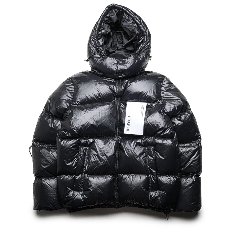 Purple Brand Nylon Puffer Jacket - Black Welt Pockets Slit Pockets Flap Pockets