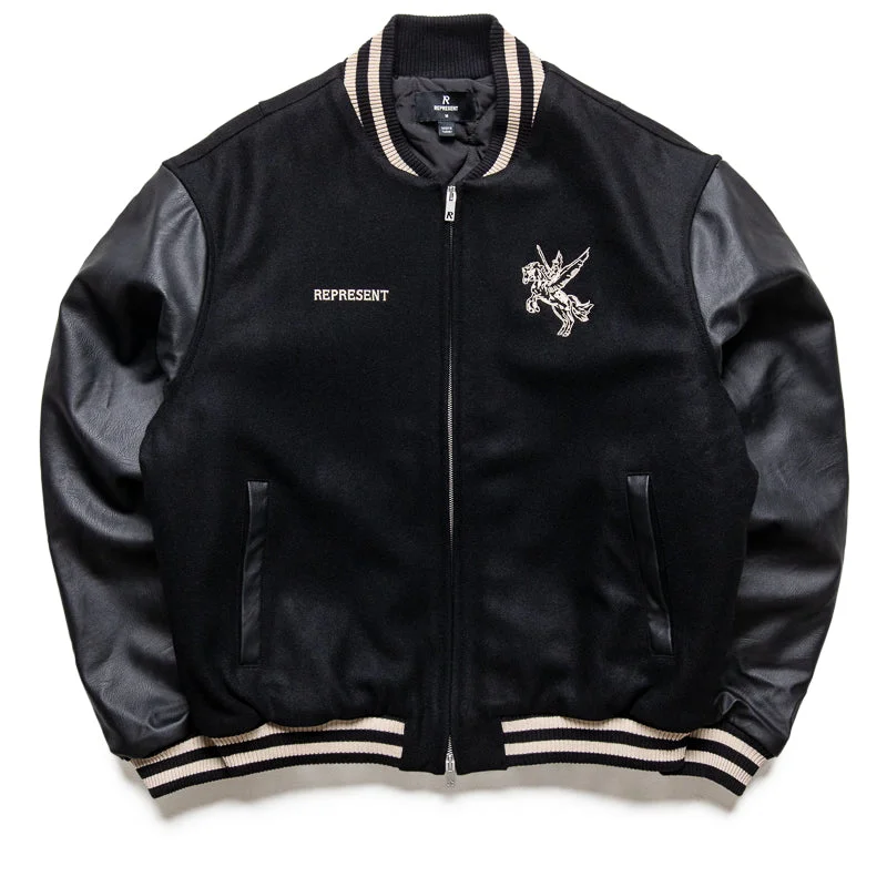 Represent Mascot Wool Varsity Jacket - Jet Black Fleece Jacket Down Jacket Feather Jacket