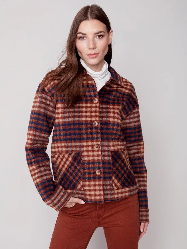 Reversible Plaid Jacket - Cinnamon Toggled Jacket Drawstring Jacket Belted Jacket
