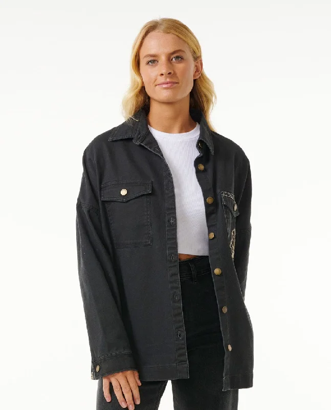 Rip Curl Soleil Embroidered Denim Jacket-Washed Black Zippered Jacket Buttoned Jacket Snapped Jacket
