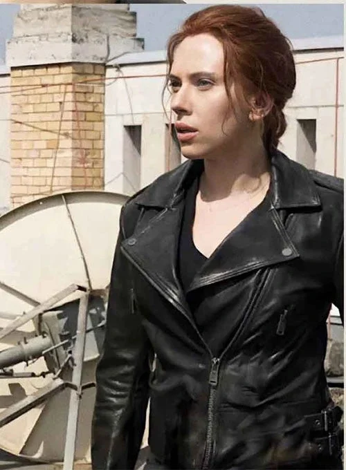 Scarlett Johansson Black Widow Leather Jacket Collared Jacket Crew Neck Jacket Turtle Neck Jacket