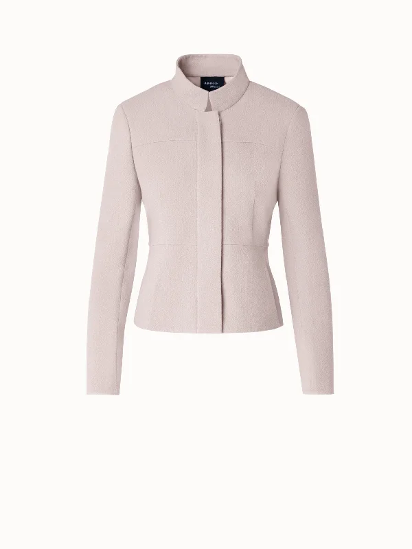 Short Jacket with Mock Neck in Wool Crêpe Double-Face Notch Collar Jacket Peter Pan Collar Jacket Cowl Neck Jacket