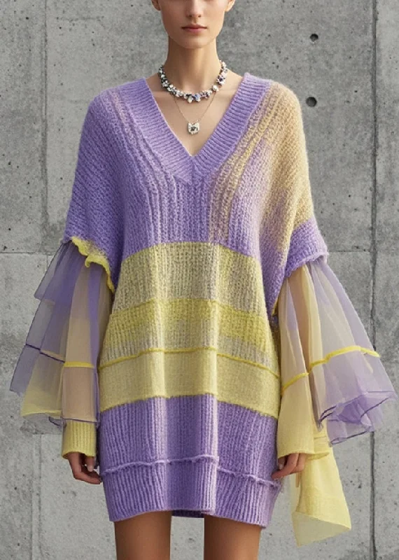 Simple Purple V Neck Patchwork Tulle Sweater Dress Fall