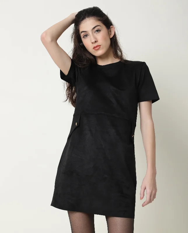 Rareism Women Sions Black Round Neck Short Sleeves Mini Dress Comfortable Polka Dot Mini Dress