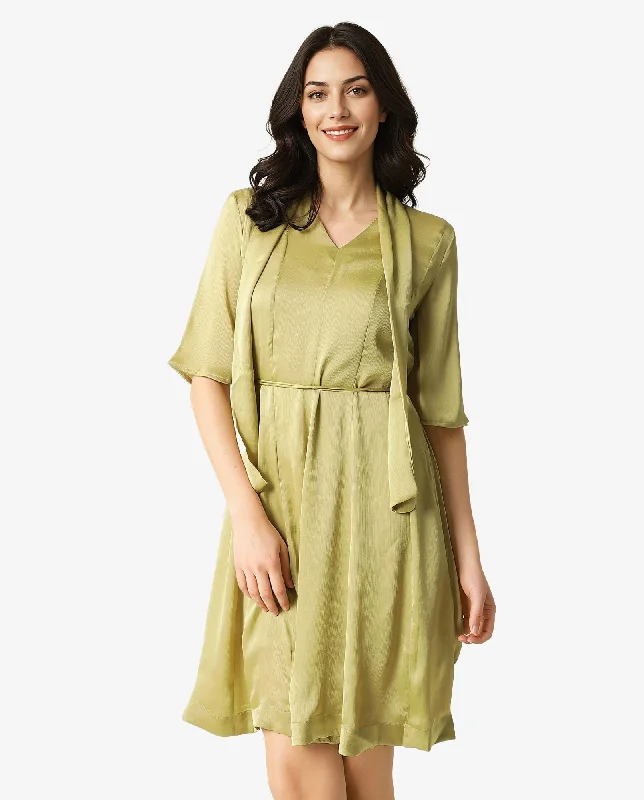 Rareism Women Skrill Green V Neck With Tie Up Flared Sleeves Mini Dress Trendy Tulle Mini Dress