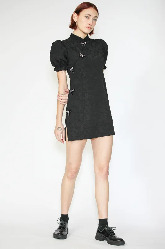Qipao Mini Dress with Crystal Bow Tie Comfortable Linen Mini Dress