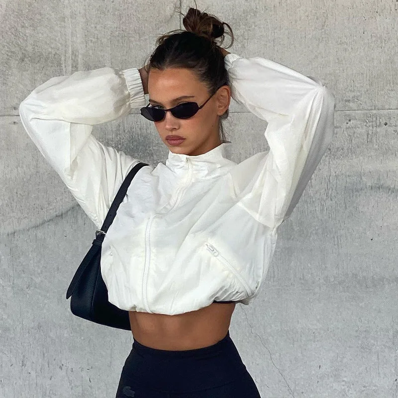 street style zipper stand collar cropped jacket Satin Fabric Silk Fabric Chiffon Fabric