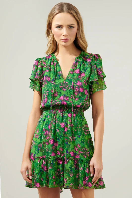 Sugarplum Floral Bumble Ruffle Mini Dress Elegant Lace-Up Mini Dress
