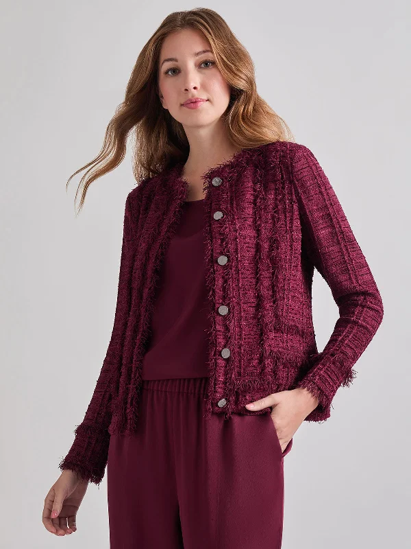 Textured Fringe Accent Knit Jacket Zippered Jacket Buttoned Jacket Snapped Jacket