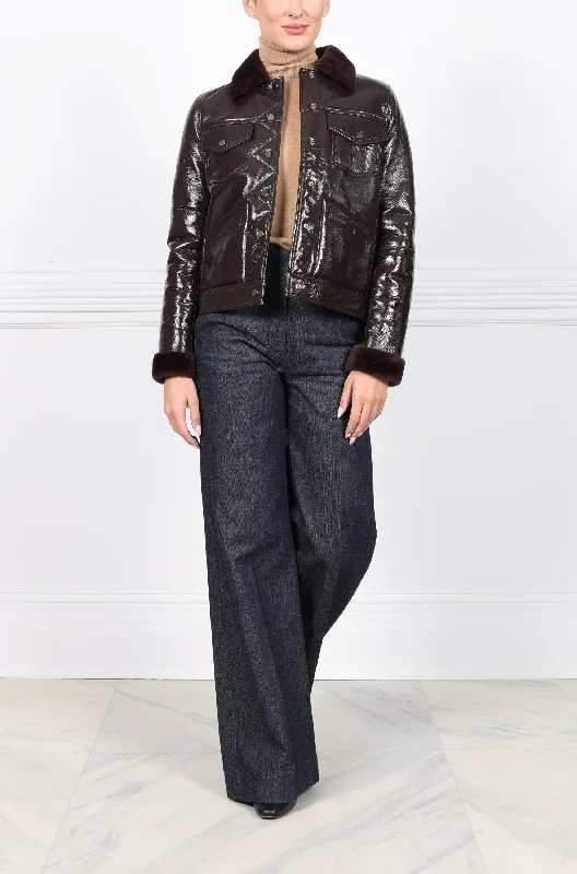 The Trucker Patent Shearling Jacket A-Line Jacket Boat Neck Shawl Collar