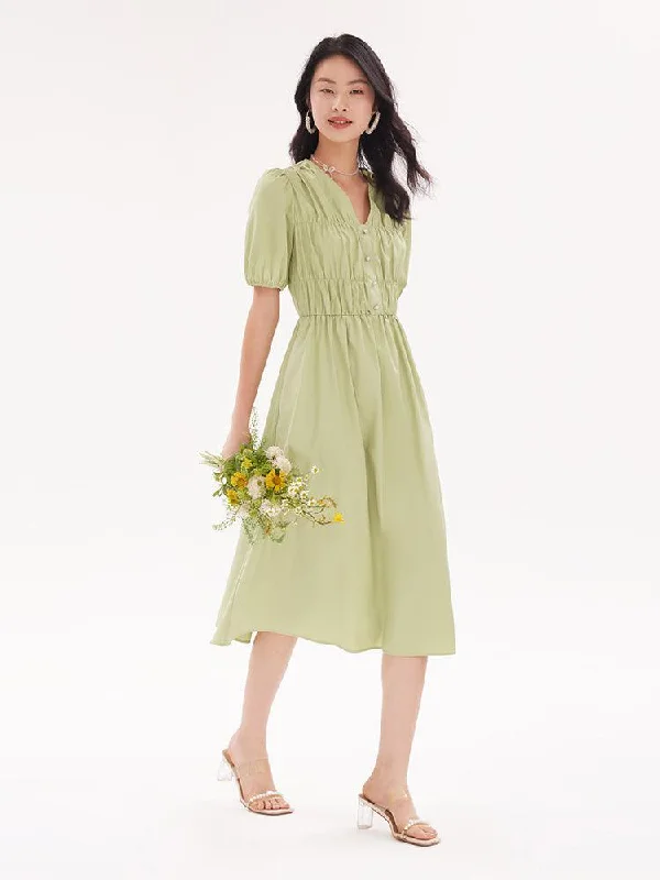 V-Neck Cotton Gathered Waist Dress