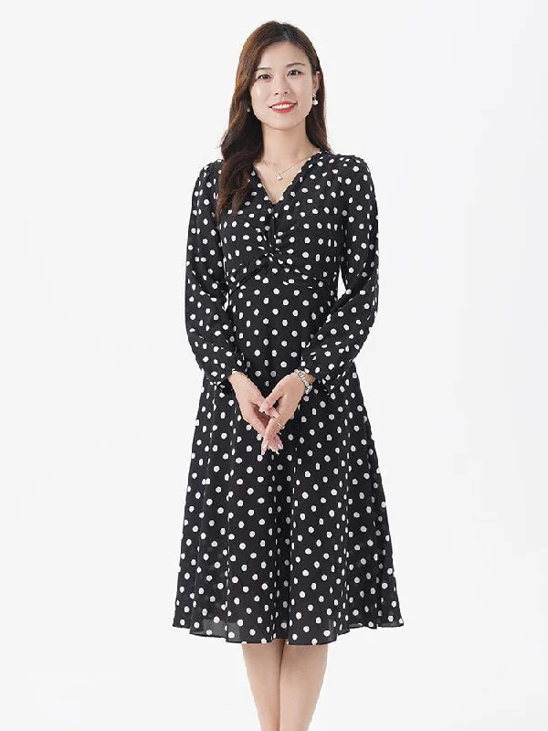 V-Neck Silk Polka Dot Dress