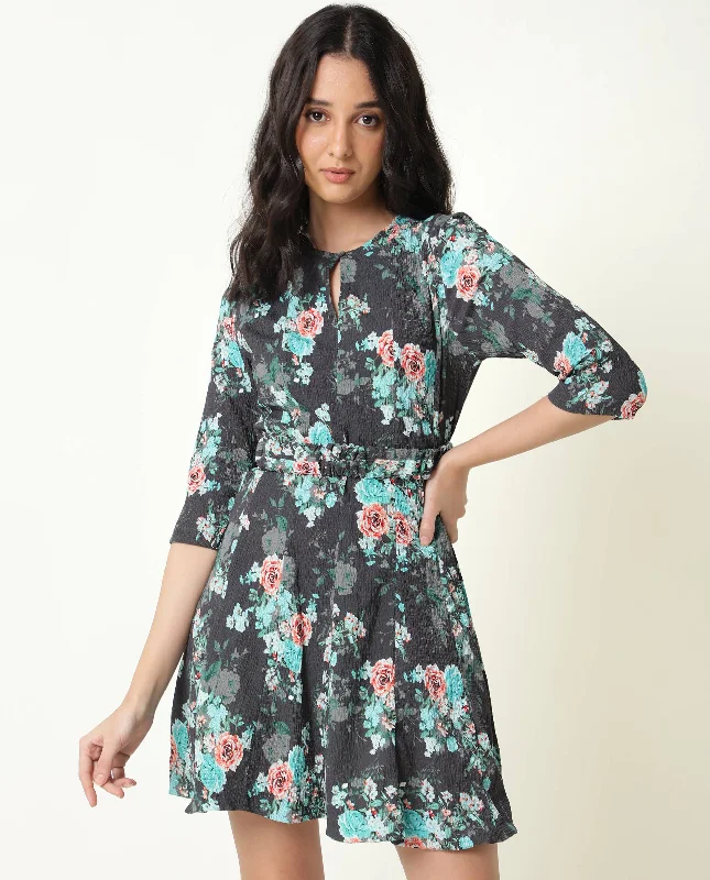 Rareism Women Vasec Grey Printed Boat Neck With Key Hole Button Closure Puff 3/4 Sleeves Elastic Waist Belt Mini Dress Chic Mini Dress with V-Neck