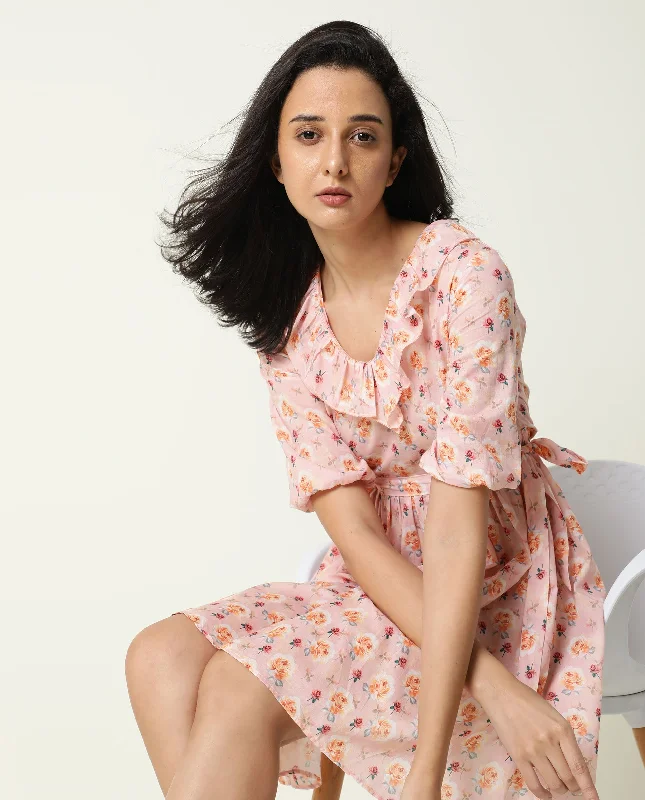 Rareism Women Verna Pink Floral Print V Neck With Ruffles Half Sleeves Fabric Waist Belt Mini Dress Trendy Denim Mini Dress