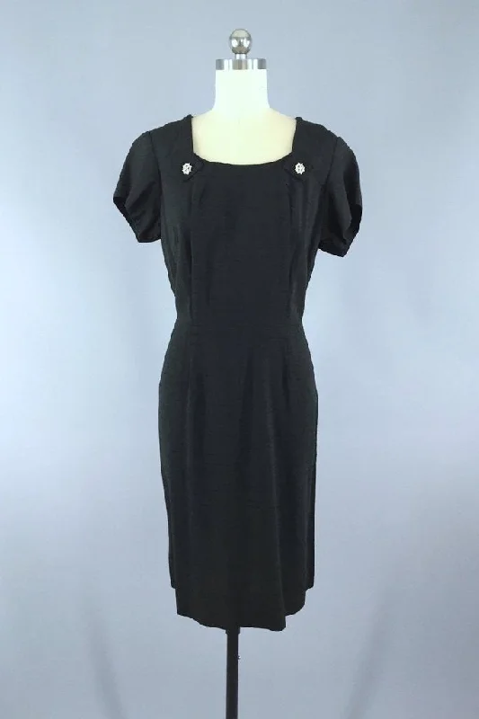 Vintage 1940s Black Silk Dress with Rhinestone Buttons