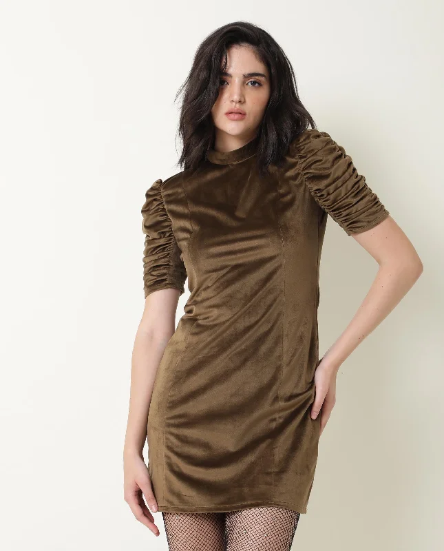 Rareism Women Winey Olive Round Neck Ruched Half Sleeves Mini Dress Classic Black Mini Dress