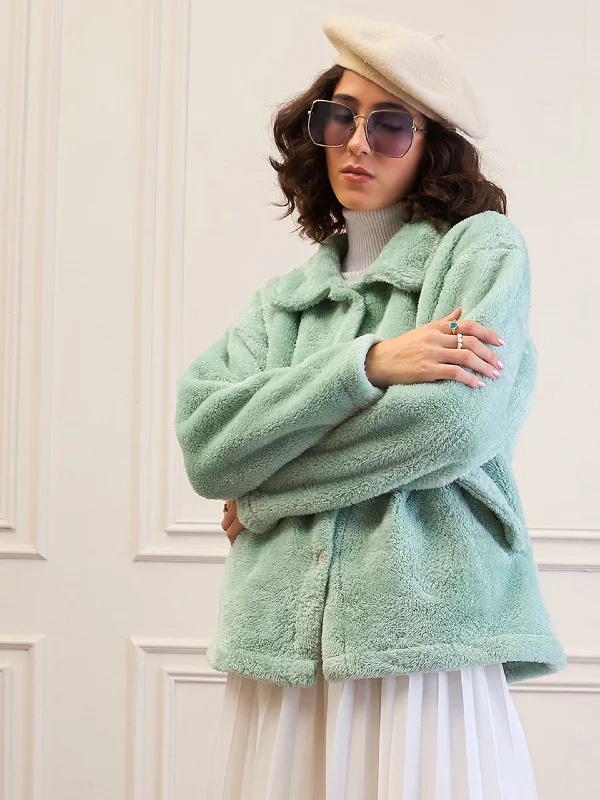 Women Green Fur Flap Pockets Detail Jacket Cardigan Sweater Pullover
