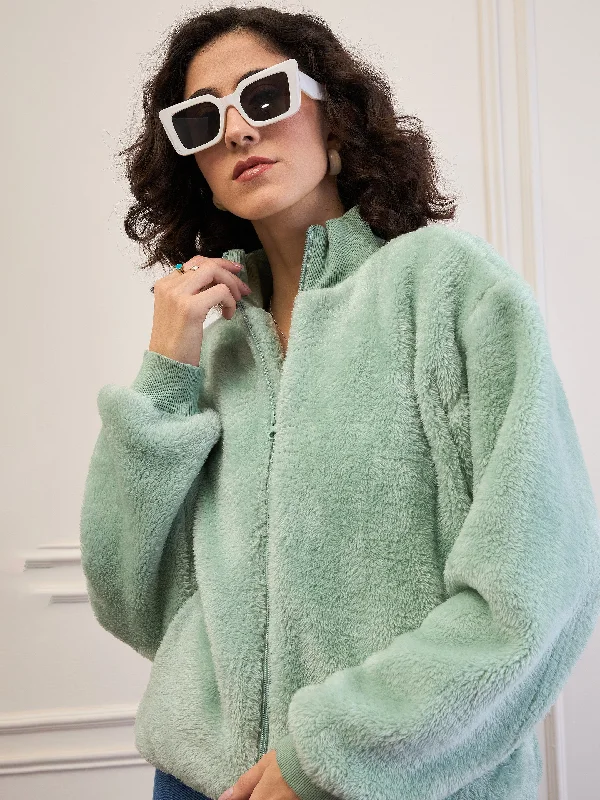 Women Green Fur High Neck Front Zipper Jacket Hooded Jacket Caped Jacket Shawl Collar Jacket