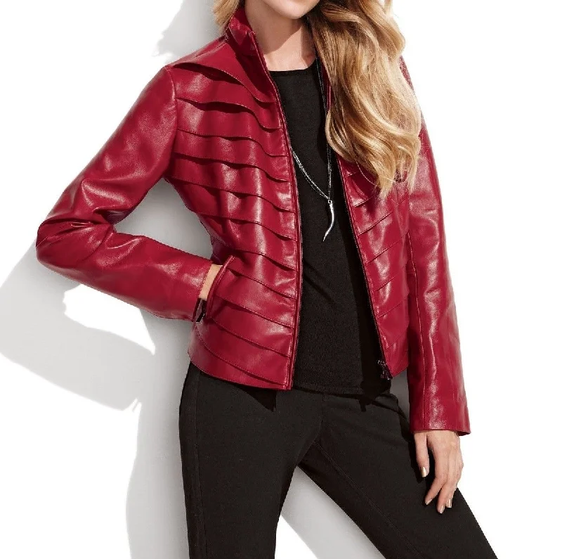 Women's Red Stylish Genuine Leather Jacket WJ021 Cardigan Sweater Pullover