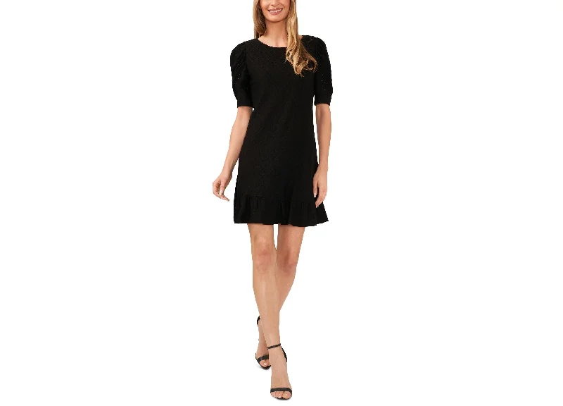 Women's Short Puff-Sleeve Eyelet Ruffled-Hem Dress