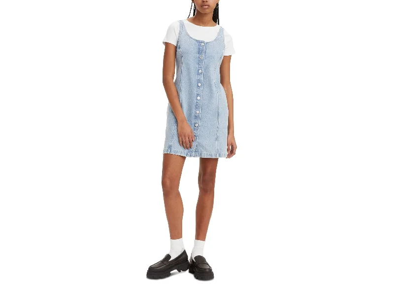 Women's Tuli Denim Front Button Fitted Mini Dress Classic Floral Print Mini Dress