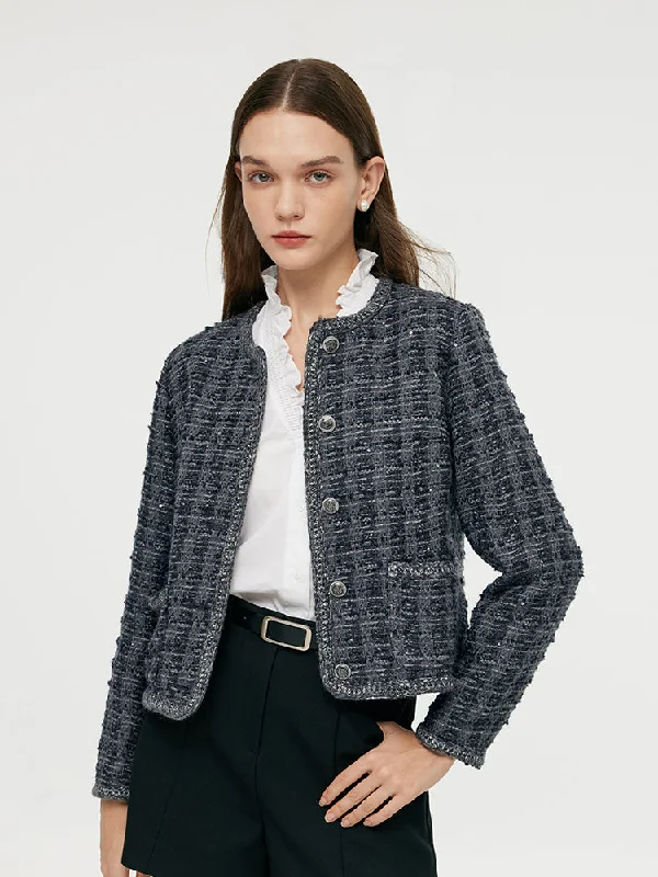 Wool Blend Tweed Sequins Women Crop Jacket Lace Jacket Ribbed Jacket Sequined Jacket