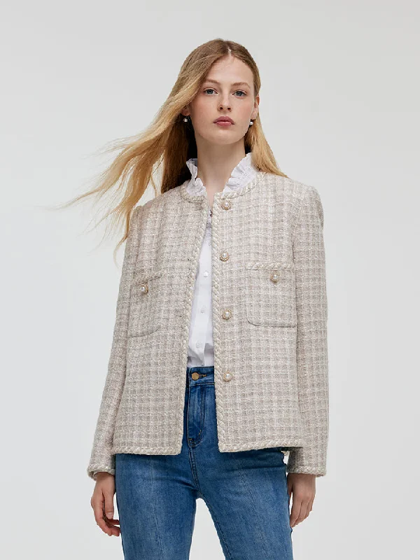Wool Blend Tweed Single-Breasted Women Jacket Fleece Fabric Down Fabric Feather Fabric
