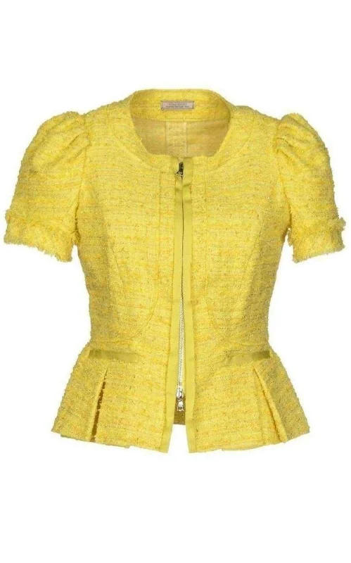 Yellow Tweed Cropped Blazer Jacket Knit Fabric Woven Fabric Fleece Fabric