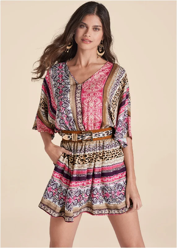 Sand Storm Stripe Mini Dress  - Pink Multi Fashionable Lace-Trim Mini Dress