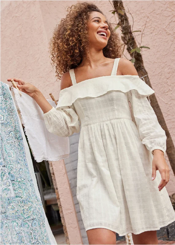 Cotton Dobby Off Shoulder Mini Dress  - Off White Stylish Summer Mini Dress