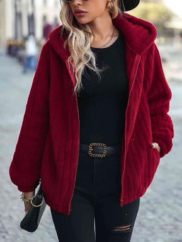 Zip-Up Hooded Jacket with Pockets Faux Fur Jacket Real Fur Jacket Shearling Jacket