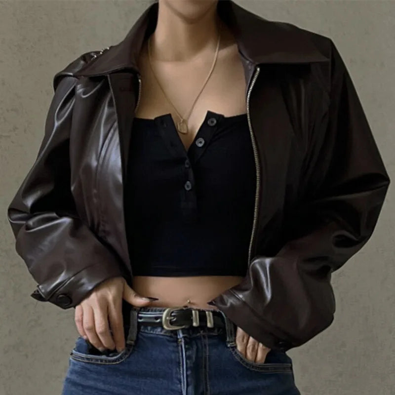 Zipper Retro PU Winter Casual Solid Temperament Autumn Fashion Leather Jacket A-Line Jacket Boat Neck Shawl Collar