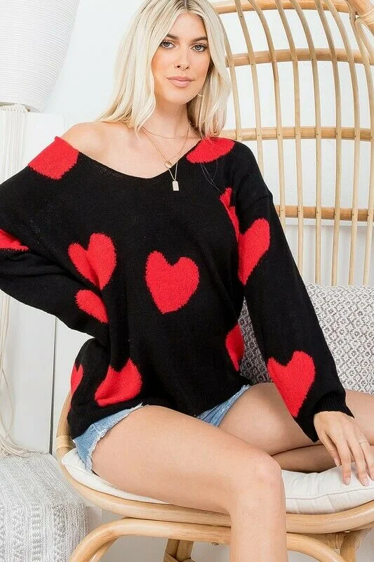 Black Red Multi Heart Knit V-Neck Valentines Day Long Sleeve Relaxed Sweater Front Pockets Side Pockets Patch Pockets