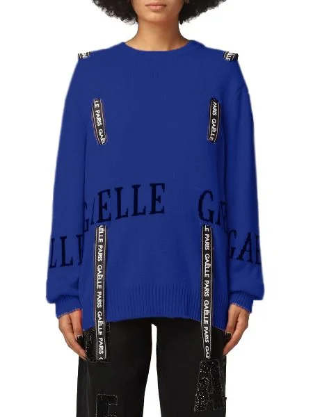Chic Blue Wool Blend Sweater With Logo Detail Elegant Classic Vintage