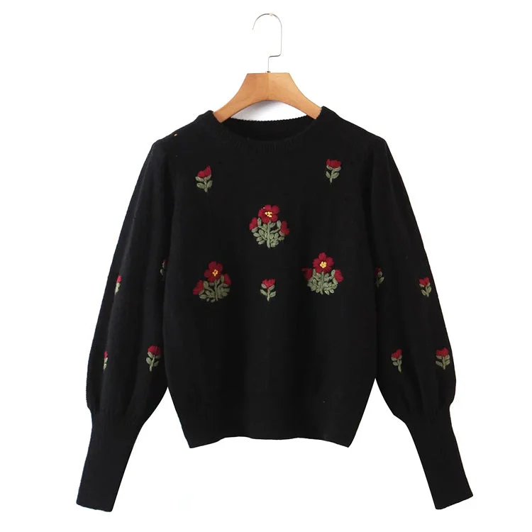 Floral crew neck Pullover loose long sleeve sweater  7169 Elasticated Padded Insulated