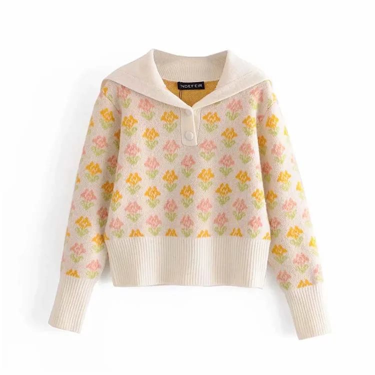 Retro autumn girl sweet temperament two-color flower short sweater sweater  7163 Mesh Sweater Canvas Denim