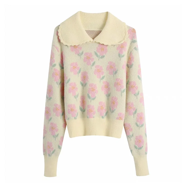 Round Lapel printed sweater baby collar sweater  7167 Terry Terry Cloth Terry Knit