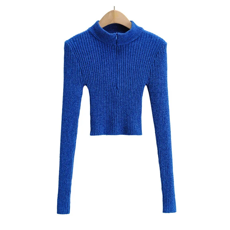 Solid color half high neck zipper design sweater  7175 Graphic Sweater Embroidered Appliqued
