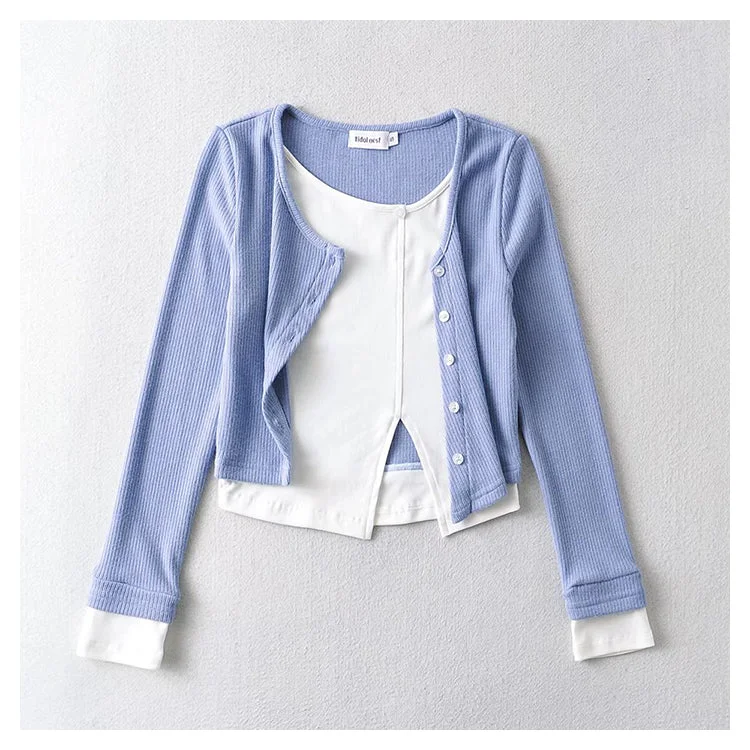 Spice Girl contrast stitched fake two-piece sweater  7176 Satin Fabric Silk Fabric Chiffon Fabric