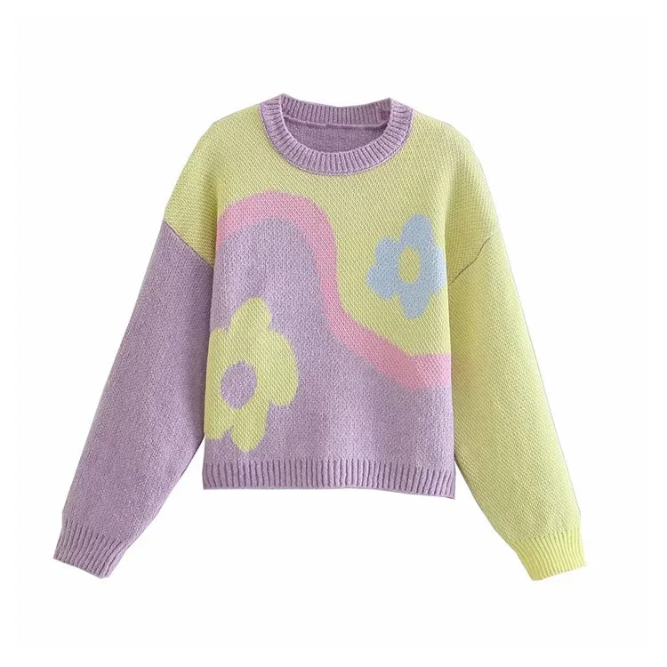 Sweet color matching round neck long sleeve sweater  7174 Thin Thick Dense