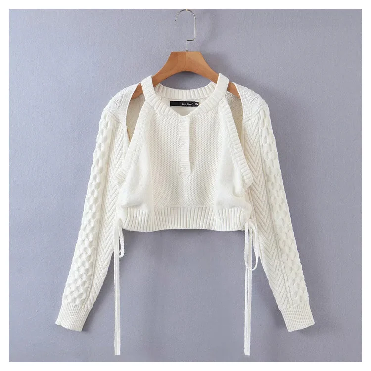 Sweet fake two collarbone hollowed out long sleeved knitted sweaters  7164 Cable Knit Ribbed Knit Lace Knit